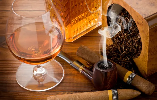 Picture table, glass, tube, cigars, cognac, tobacco