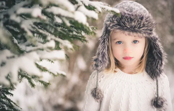 Picture look, snow, branches, hat, blonde, girl, tree, child, gray-eyed
