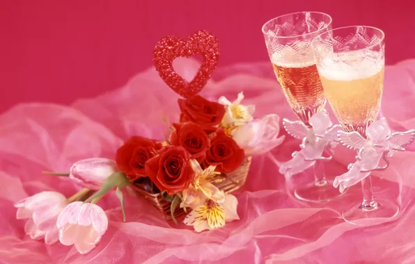 Picture wine, roses, glasses, tulips, champagne, alstremeria