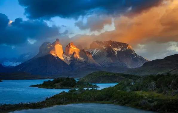 Picture the sky, clouds, light, mountains, lake, Chile, Andes, South America, Patagonia