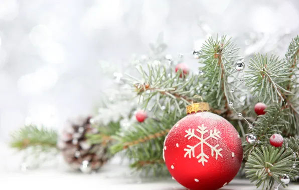 Picture frost, branches, red, glare, holiday, toy, ball, New year, needles, bokeh