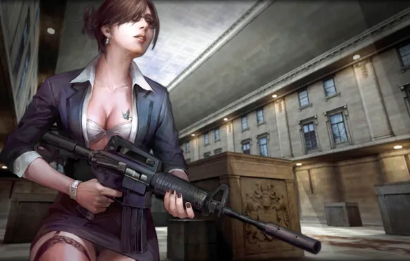 Picture girl, the building, stockings, tattoo, neckline, boxes, rifle, online, Counter Strike