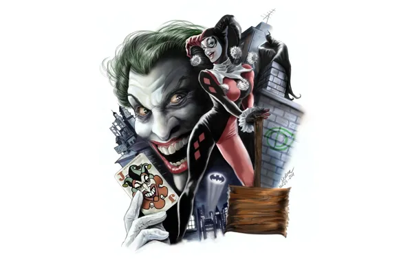 Picture background, art, Joker, Batman, art, Batman, Joker, Harley Quinn, DC Comics, Harley Quinn