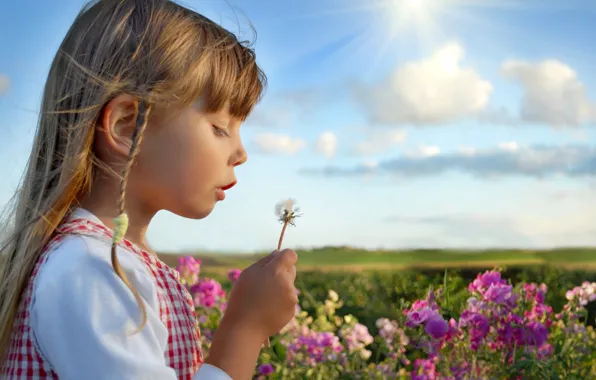 Picture summer, the sky, clouds, flowers, nature, children, childhood, girls, child, roses, summer, happy, sky, nature, …