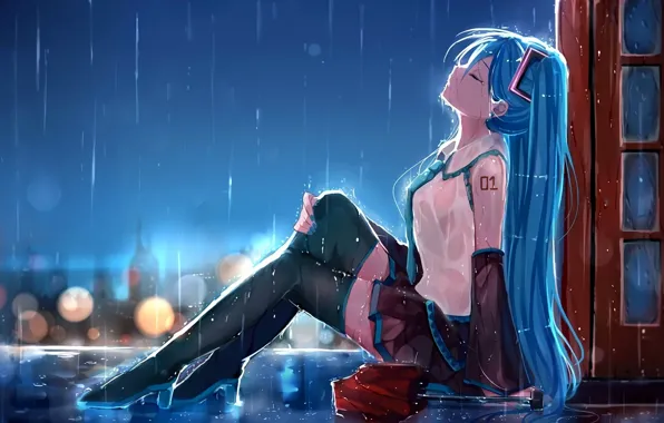 Picture girl, drops, the city, lights, rain, home, umbrella, anime, art, form, vocaloid, hatsune miku