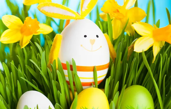 Picture grass, flowers, eggs, spring, rabbit, Easter, grass, flowers, daffodils, spring, eggs, easter, bunny, daffodils