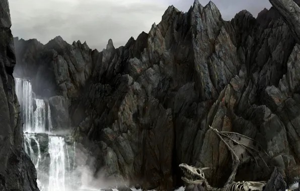 Picture sea, rocks, dragon, waterfall, skeleton