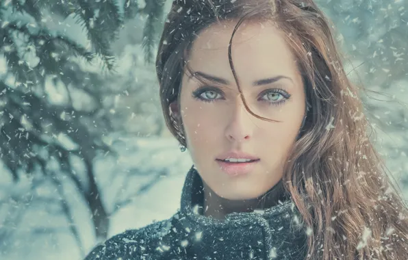 Picture winter, eyes, look, girl, snow, hair, portrait, lips, girl, brown hair, model, Photography, JimaGination