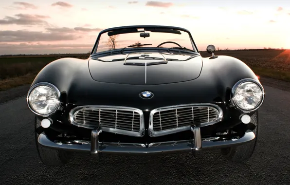 Picture road, field, the sky, sunset, black, BMW, BMW, sports car, convertible, the front, 1957, Series …