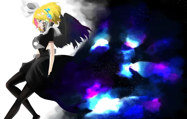 Picture the sky, girl, stars, wings, anime, headphones, art, vocaloid, kagamine rin