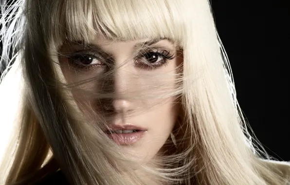Picture eyes, look, eyelashes, hair, blonde, lips, singer, black background, Gwen Stefani