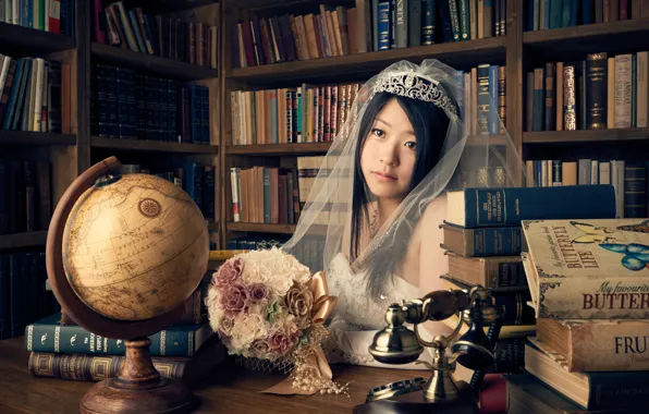 Picture look, girl, style, mood, books, bouquet, phone, library, Asian, the bride, veil, globe