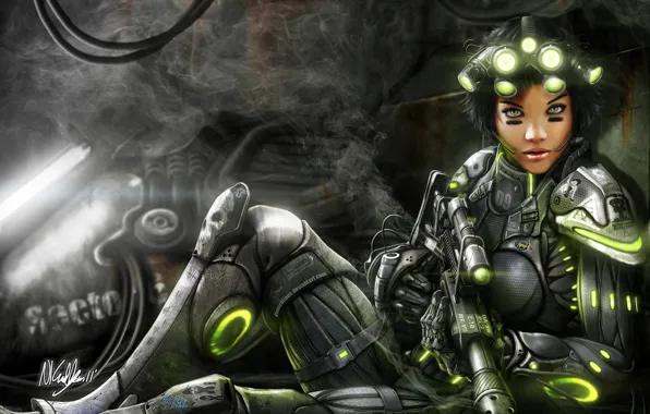 Picture girl, weapons, smoke, art, soldiers, lights, costume, starcraft, armor