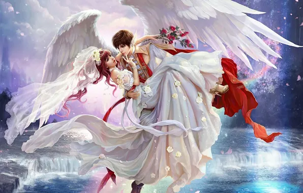 Picture girl, flowers, waterfall, roses, wings, art, guy, the bride, veil