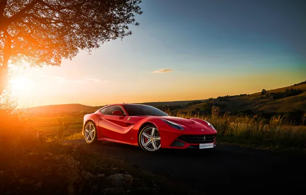 Picture Ferrari, Red, Sky, Front, Sunset, Africa, South, Supercar, Berlinetta, F12, Ligth