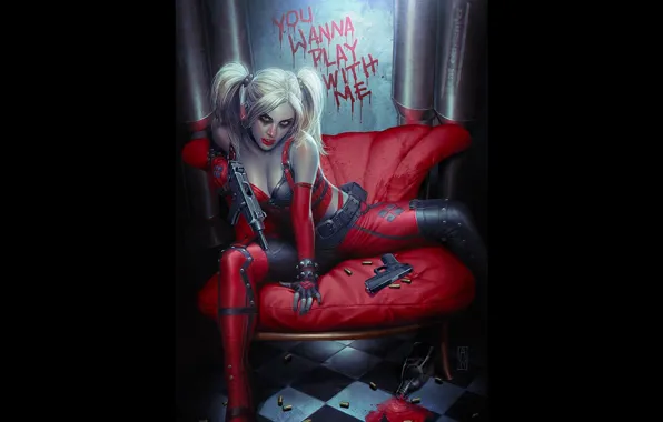 Picture pose, weapons, blood, costume, DC Comics, Harley Quinn