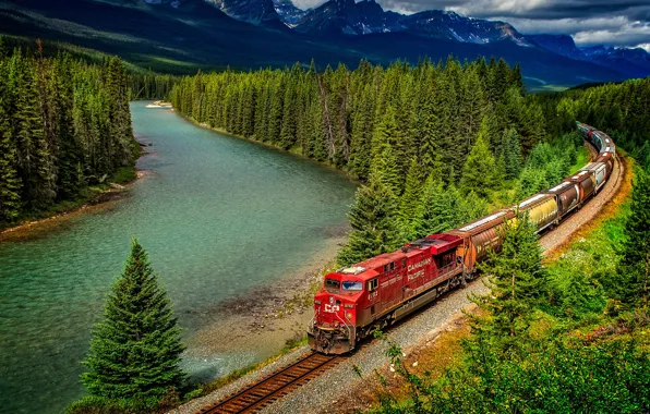 Picture forest, trees, mountains, nature, river, train, Canada, railroad, Albert, Banff National Park, Alberta, Canada, composition, …