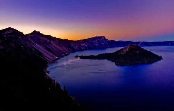 Picture sunset, mountains, lake, island, USA, Oregon, Crater Lake