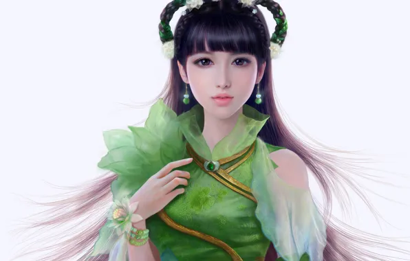 Picture look, girl, hair, hand, dress, art, white background, Asian, earrings