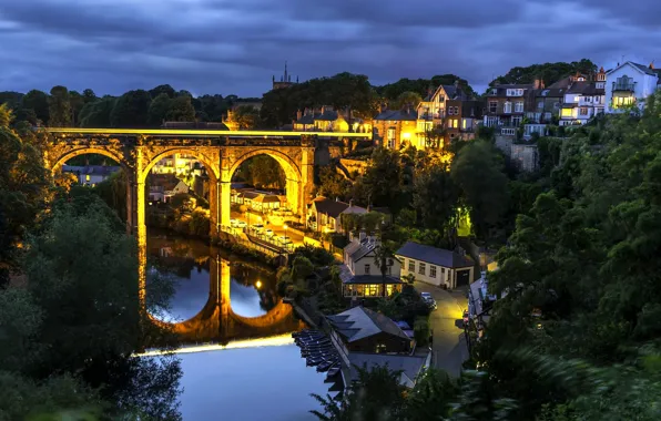 Picture bridge, reflection, river, England, building, home, night city, viaduct, England, North Yorkshire, North Yorkshire, Knaresborough, …