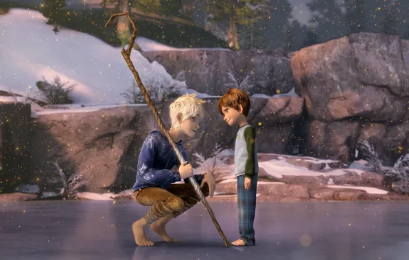 Picture ice, sand, snow, cartoon, boy, fantasy, staff, DreamWorks, Jack Frost, Rise Of The Guardians, Jamie