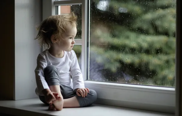 Picture glass, drops, rain, child, window, girl, sill