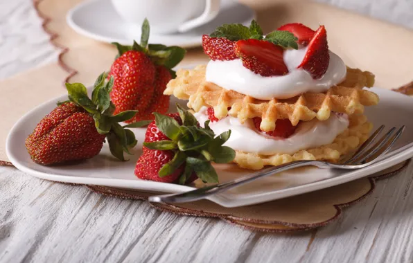 Picture berries, strawberry, cake, cream, dessert, waffles, sweet, strawberry, cream, dessert, berries