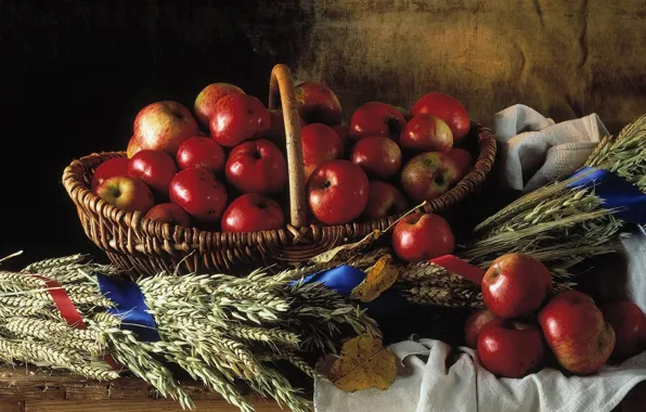 Picture basket, apples, red, Still life, braided