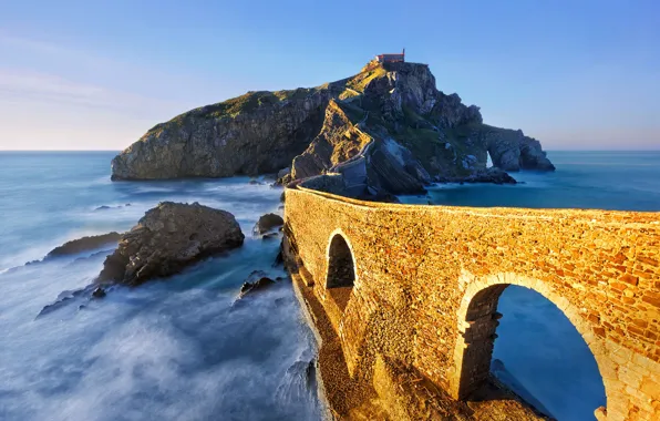 Picture sea, bridge, rocks, island, arch, Spain, Basque Country, Bermeo, San Juan de Gaztelugatxe
