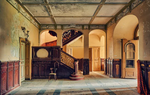 Picture wood, staircase, palace, sunlight, abandoned, hall, doors, decay