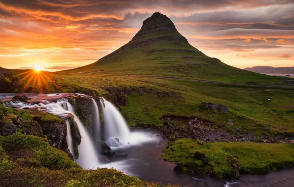 Picture the sky, the sun, clouds, rocks, mountain, waterfall, the volcano, Iceland, Kirkjufell