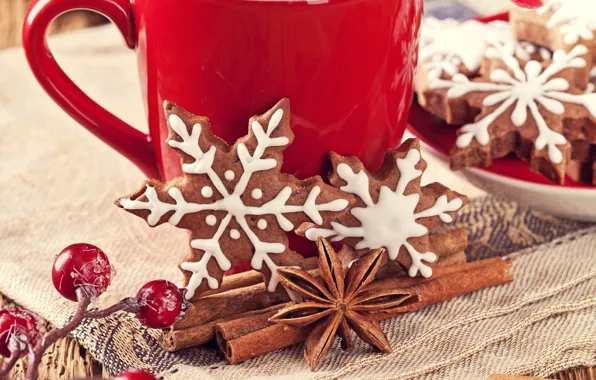 Picture snowflakes, berries, New Year, cookies, Christmas, Cup, sweets, red, cinnamon, Christmas, cakes, New Year, spices, …