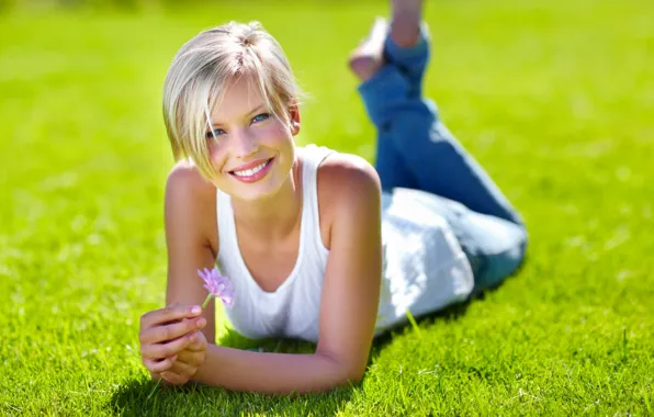 Picture flower, grass, girl, joy, smile, blonde