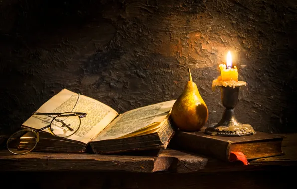 Picture candle, glasses, book, pear, wax, cross, Faith