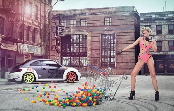 Picture machine, girl, balls, sexy, model, blonde, April, sexy, beauty, Volkswagen Beetle, April, Miss Tuning 2014, …