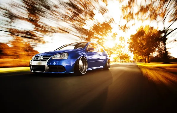 Picture road, autumn, tuning, in motion, VW Golf, volkswagen golf R32
