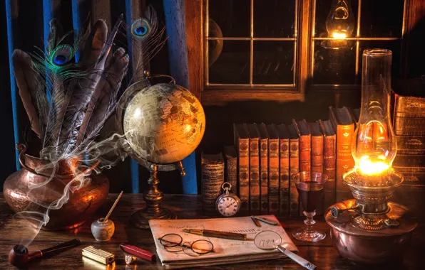 Picture wine, watch, books, lamp, tube, feathers, window, glasses, handle, still life, magnifier, globe