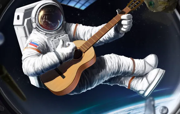 Picture space, ship, guitar, astronaut, the suit, art, the window, helmet