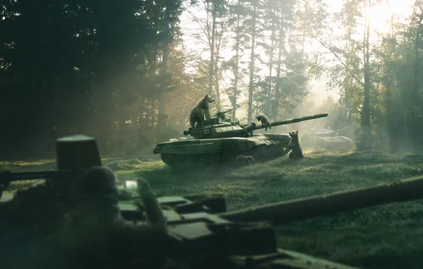 Picture nature, weapons, figure, morning, Forest, bears, art, tank, Russia, render, pine forest