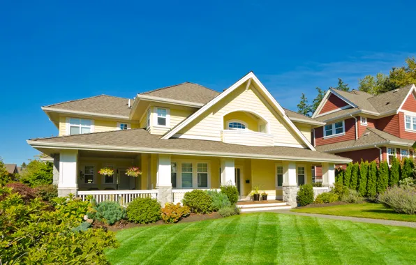 Picture greens, the sky, grass, design, house, lawn, blue, Sunny, mansion, the bushes
