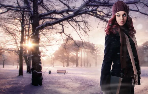 Picture winter, girl, the sun, snow, trees, nature, background, fiction, hat, beauty, scarf, book, red, bench