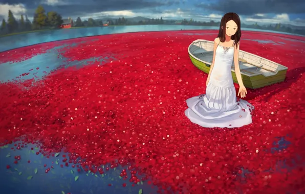 Picture water, girl, lake, berries, boat, anime, art, yoshida seiji