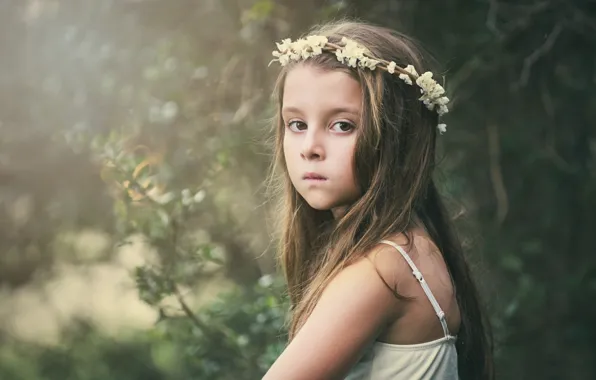 Picture sadness, look, flowers, background, mood, widescreen, Wallpaper, child, girl, wallpaper, girl, wreath, widescreen, flowers, background, …