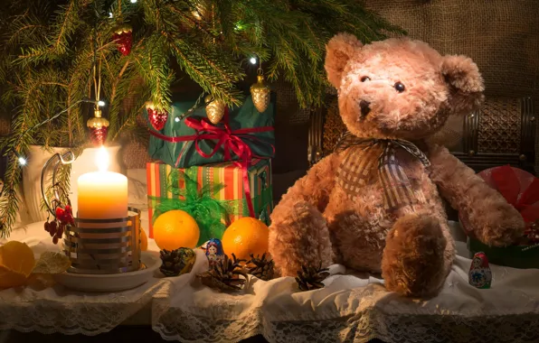 Picture toys, new year, candle, spruce, oranges, branch, bear, gifts, fabric, tree, fruit, bumps, burlap, box