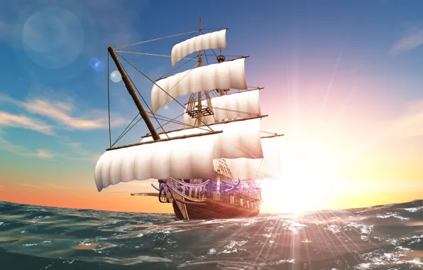 Picture sea, the sun, ship, sails, swimming, course