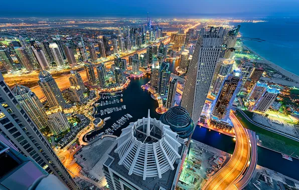 Picture sea, coast, building, panorama, Dubai, night city, Dubai, skyscrapers, UAE, UAE