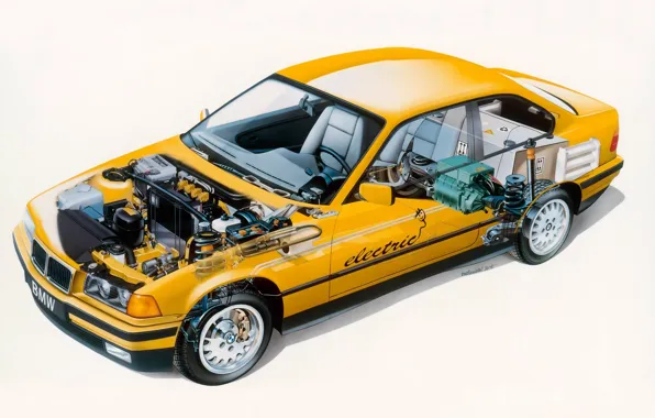Picture background, engine, coupe, salon, Coupe, yellow, BMW M3, 1995, Electro Antrieb