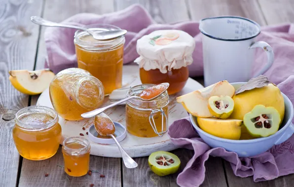 Picture jars, dishes, banks, fruit, jam, jam, quince, spoon, Anna Verdina