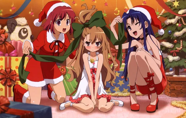 Picture emotions, holiday, girls, tree, new year, gifts, bow, costumes, Aisaka Taiga, Kawashima Ami, Toradora!, Kushies …