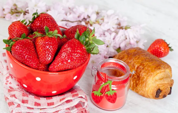 Picture flowers, berries, food, chocolate, Breakfast, strawberry, plate, red, cakes, bun, croissant, jar